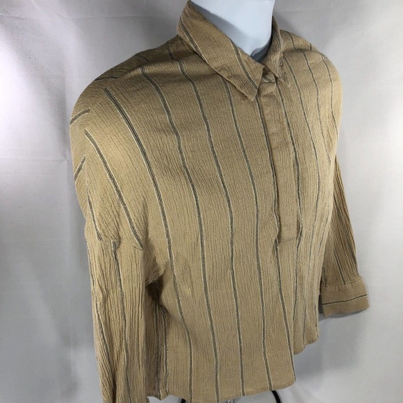 URBAN OUTFITTERS SHIRT WOMENS SMALL COLLARED STRIPED LONG SLEEVE BEIGE 1/4 BUTTN - Picture 4 of 13
